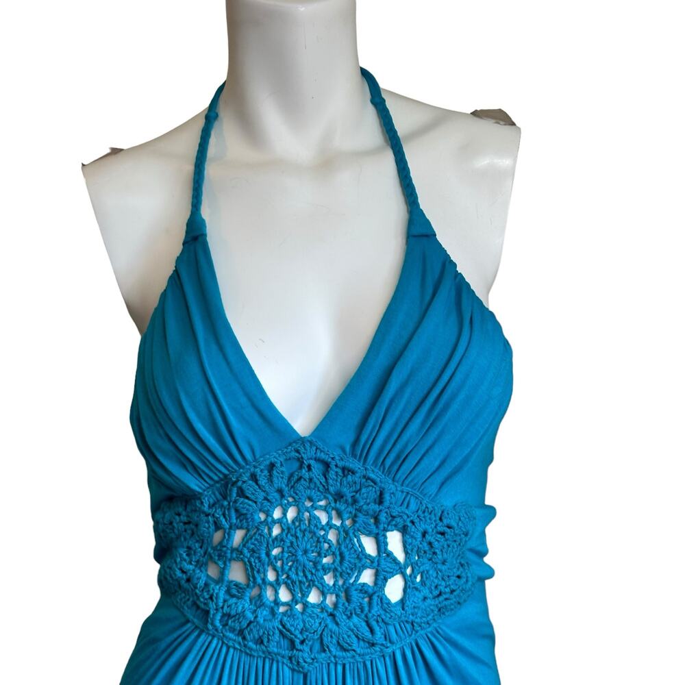 Sky Blue Halter Tie Crochet Midriff Open Back Maxi Summer Dress sz XS NWT $150 - Picture 6 of 10